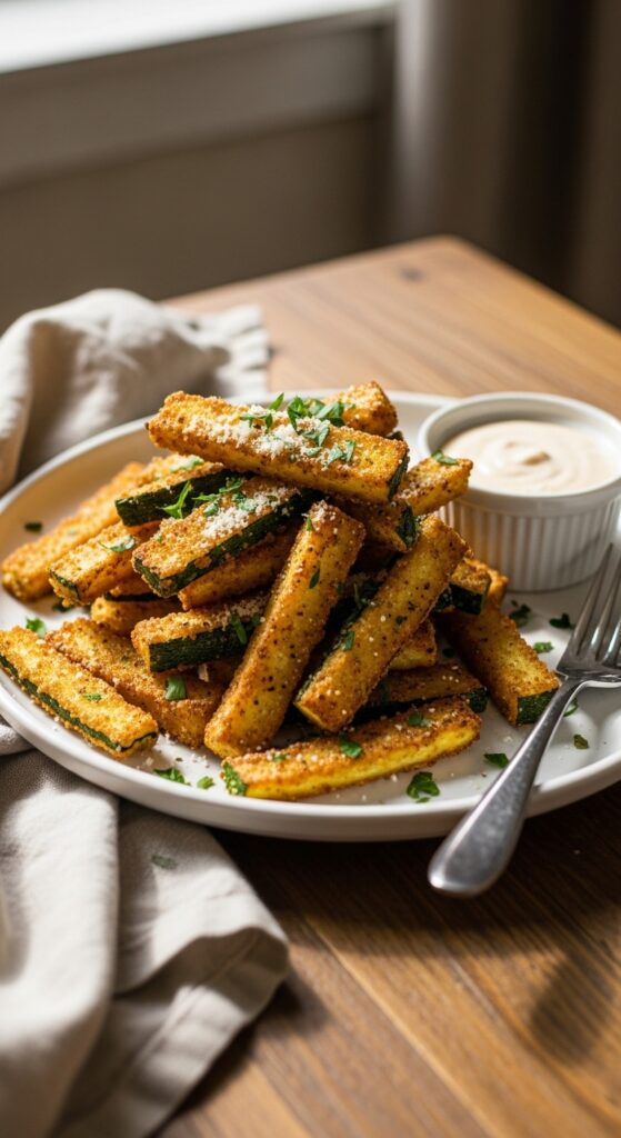 Crispy Low Calorie Air Fryer Zucchini Fries: Guilt-Free Snack! 3 Air fryer zucchini fries served