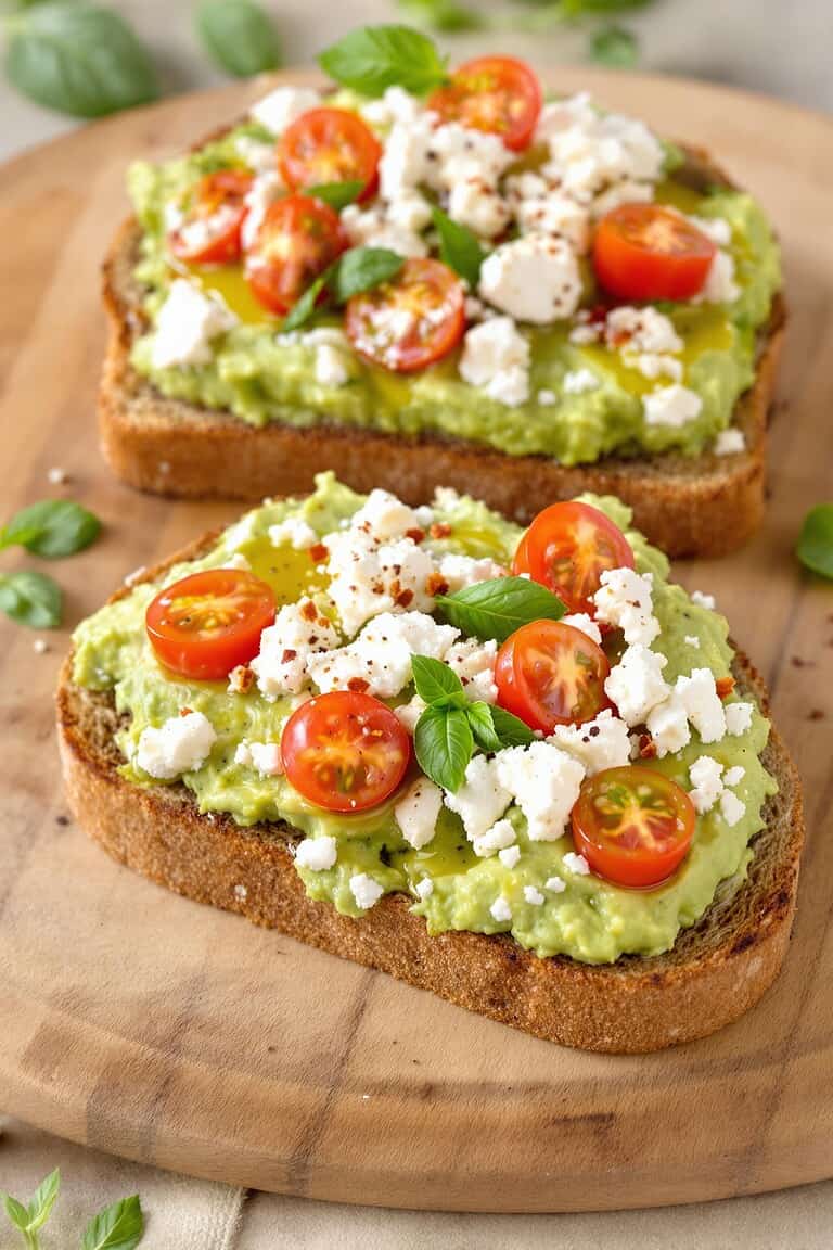 Creamy avocado toast with feta and cherry tomatoes