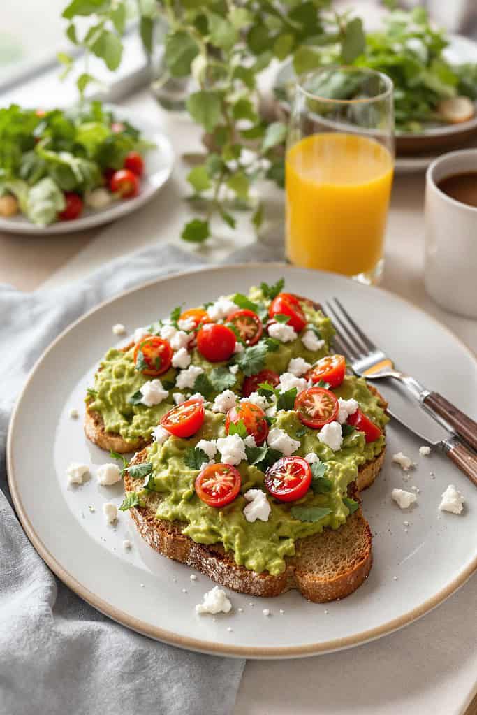 Creamy Avocado Toast With Feta And Cherry Tomatoes 3 Avocado toast with feta and cherry tomatoes served