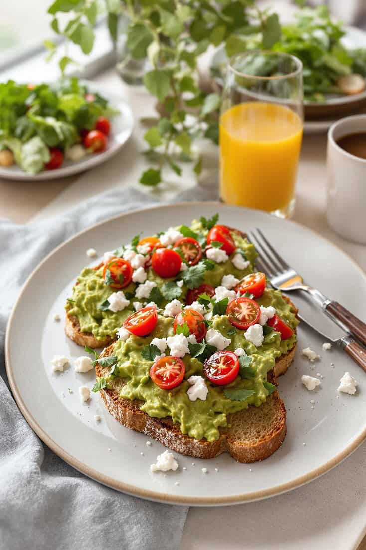 Avocado toast with feta and cherry tomatoes served