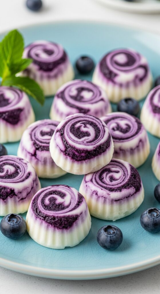 Blueberry Swirl Yogurt Bites: The Perfect Healthy Snack 3 Blueberry swirl yogurt bites served