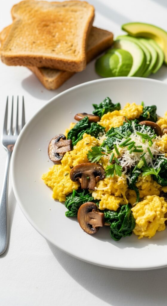 Mushroom-Spinach Scrambled Eggs: A Nutritious And Flavorful Breakfast 3 Mushroom spinach scrambled eggs served
