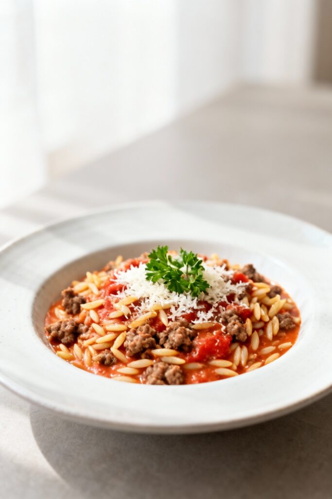 Creamy Ground Beef Orzo With Tomato Sauce – Easy Weeknight Dinner 2 Creamy ground beef orzo with tomato sauce served