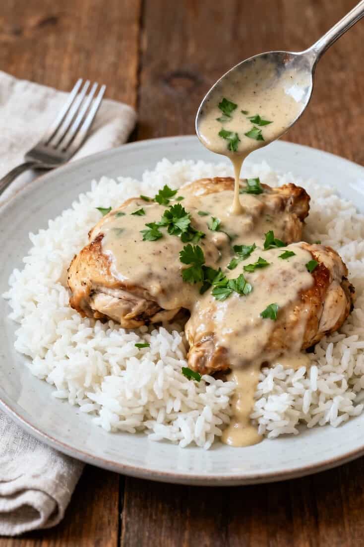 Creamy smothered chicken and rice served