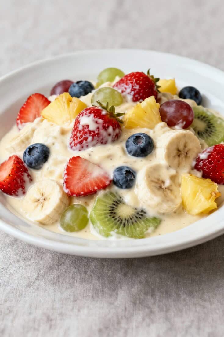 Creamy vanilla pudding fruit salad served