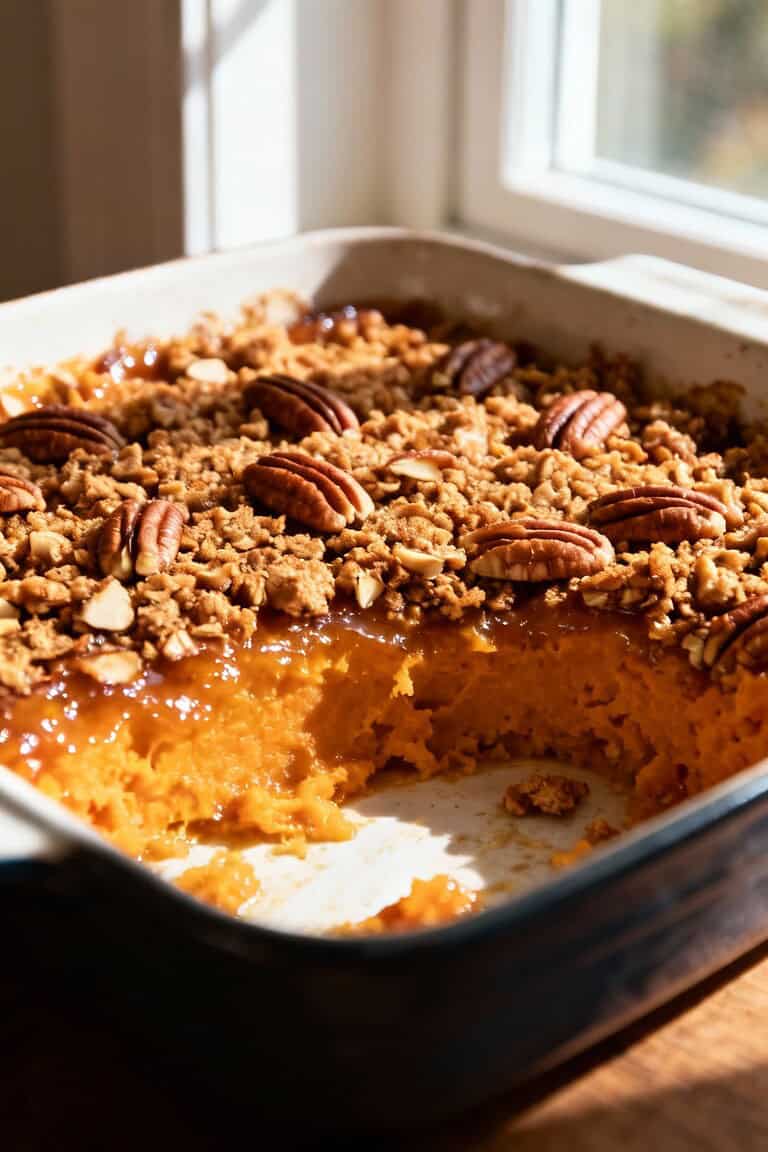 Sweet potato casserole with crunchy pecan topping recipe