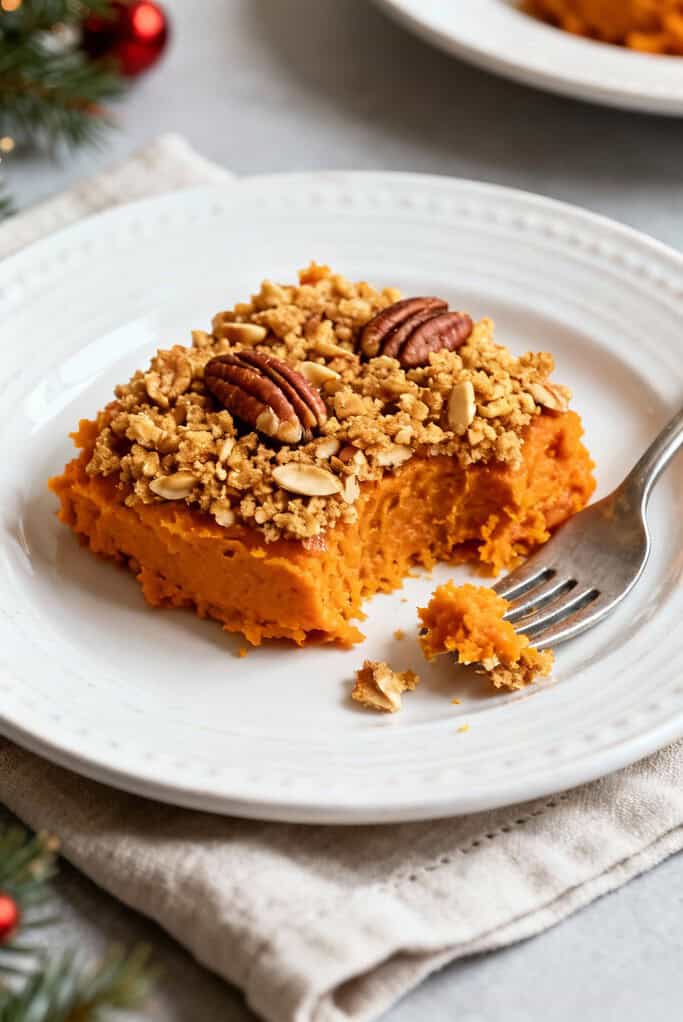 Holiday Sweet Potato Casserole With Crunchy Pecan Topping 3 Sweet potato casserole with crunchy pecan topping served on a dish