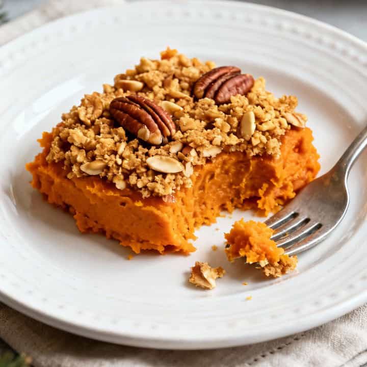 Holiday Sweet Potato Casserole With Crunchy Pecan Topping 4 Sweet potato casserole with crunchy pecan topping served