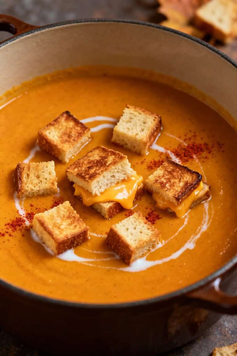 Spicy pumpkin soup with grilled cheese croutons