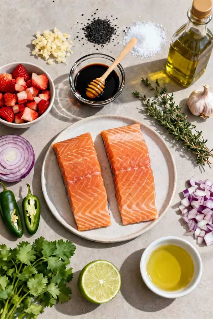 Balsamic Glazed Salmon With Strawberry Salsa | Fresh &Amp; Easy 2 Balsamic glazed salmon with strawberry salsa ingredients