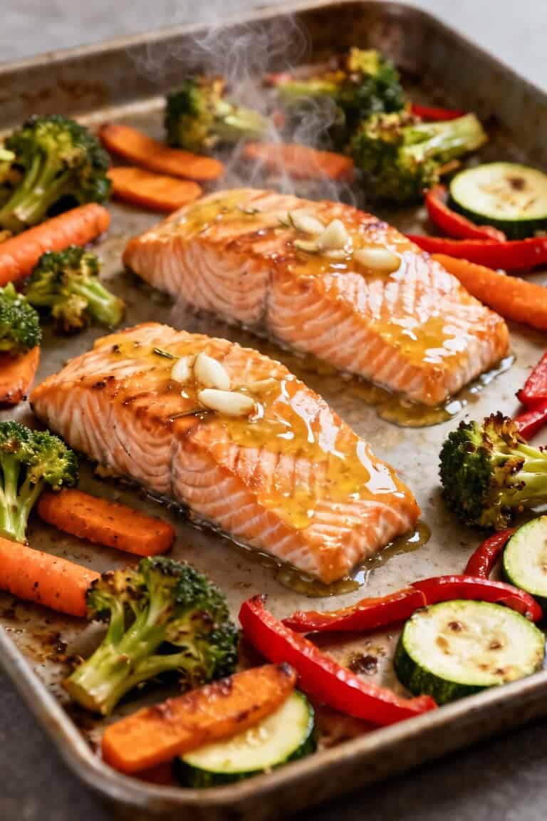 Garlic butter salmon with roasted vegetables