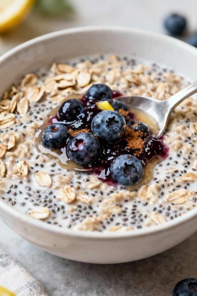 Fiber-rich overnight oats with chia seeds and blueberry compote