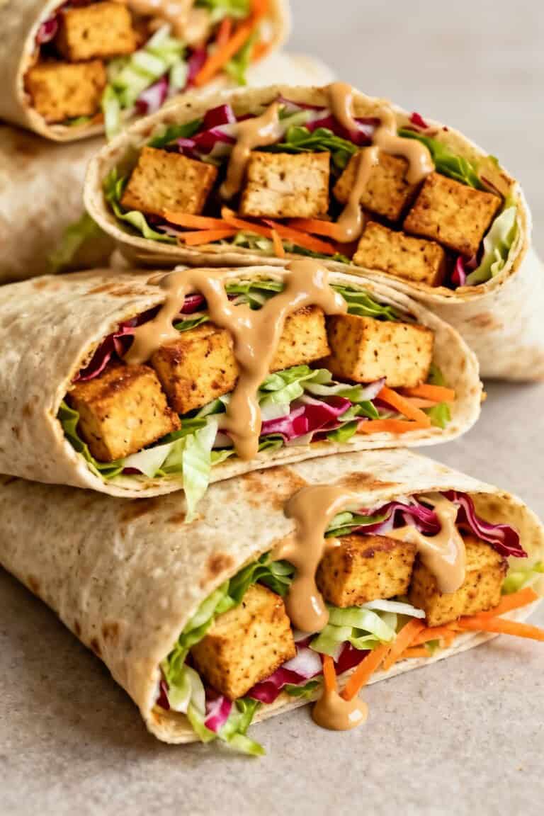 Crispy air-fried tofu wraps with cabbage slaw and peanut sauce