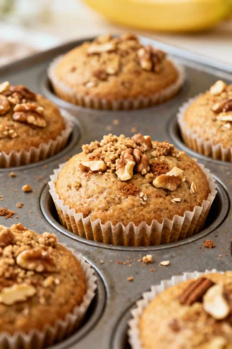 High-fiber banana oat muffins with walnuts